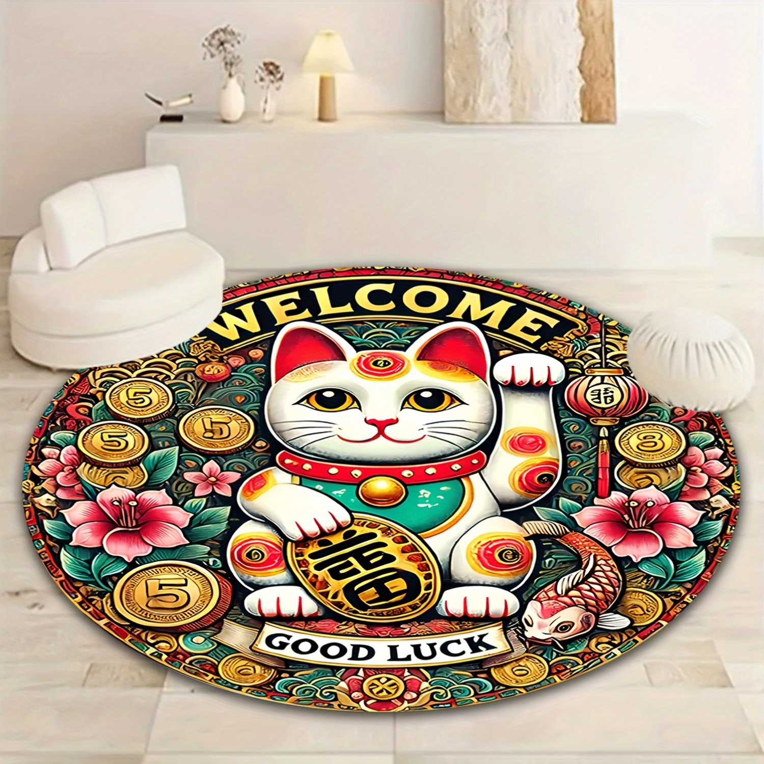 Chinese Lucky Cat Round Rug We - Home Goods Bathroom Mats ulasan dan harga