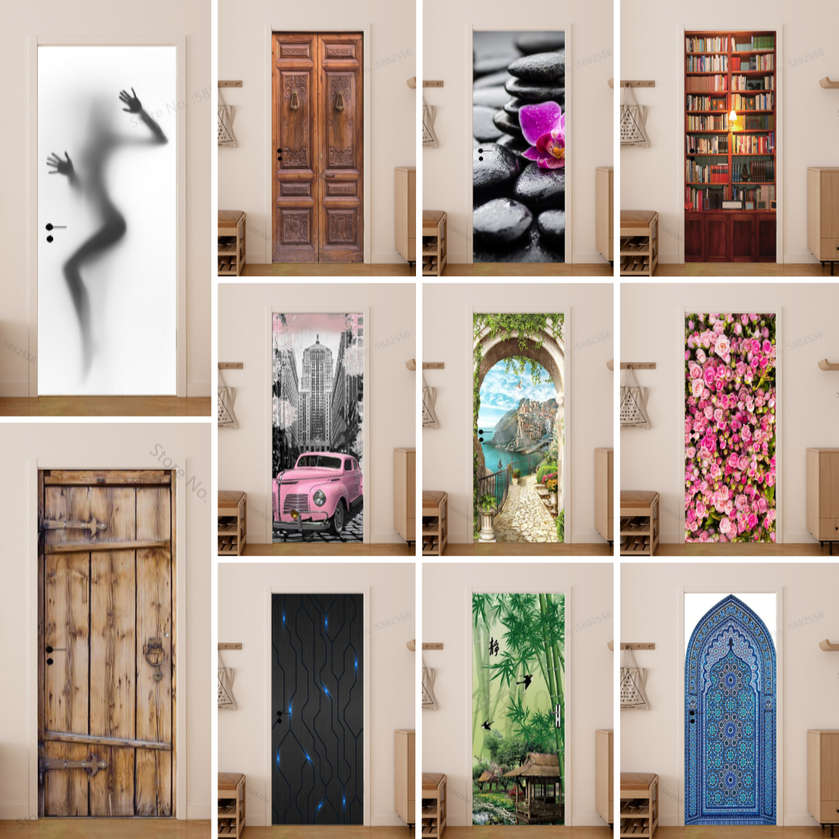 Girl Shadow Wooden Doors Vinyl - Home Bathroom Wallpaper ulasan dan harga