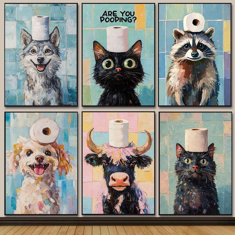 Cute Animal Oil Painting on Di - Home Bathroom Wallpaper ulasan dan harga